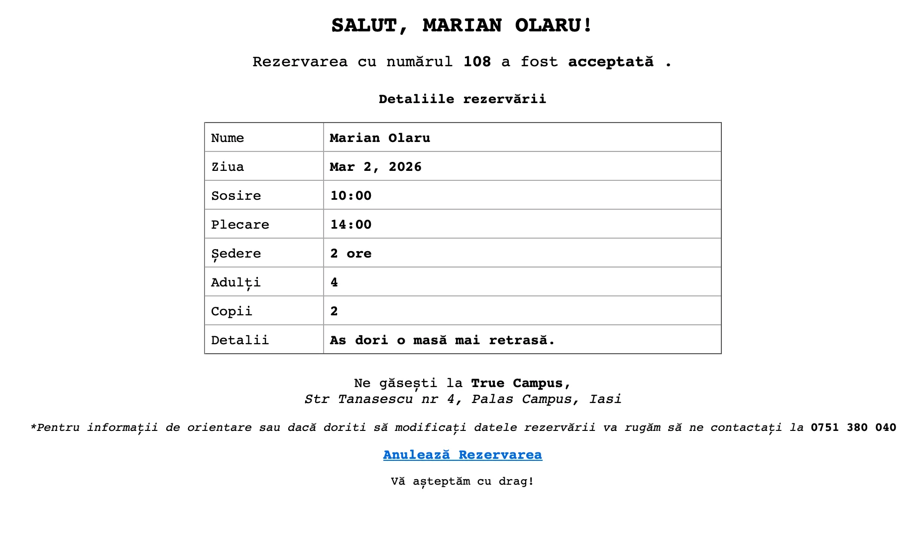 Confirmări rezervări